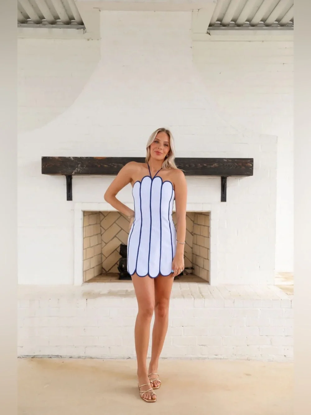 Striped Blue & White Scalloped Strapless Mini Dress - Picture 7 of 11